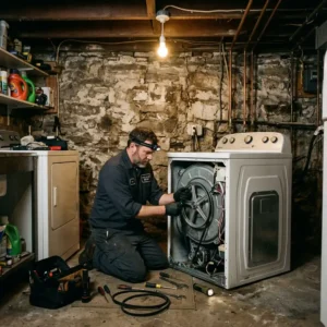 Technician servicing a washer in a Park Slope brownstone basement laundry room