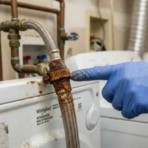 Technician servicing a washer in a Sheepshead Bay home laundry room