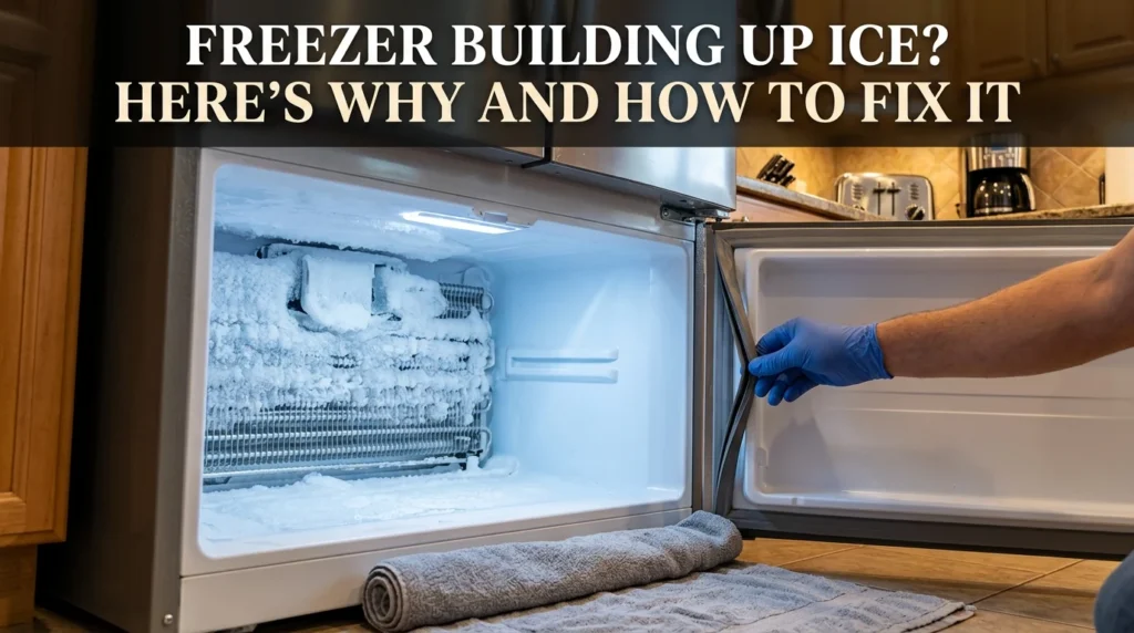 Open freezer drawer showing thick ice buildup on the back wall and evaporator coils, a person's gloved hand inspecting the door gasket, text overlay reads "Freezer Building Up Ice? Here's Why and How to Fix It"