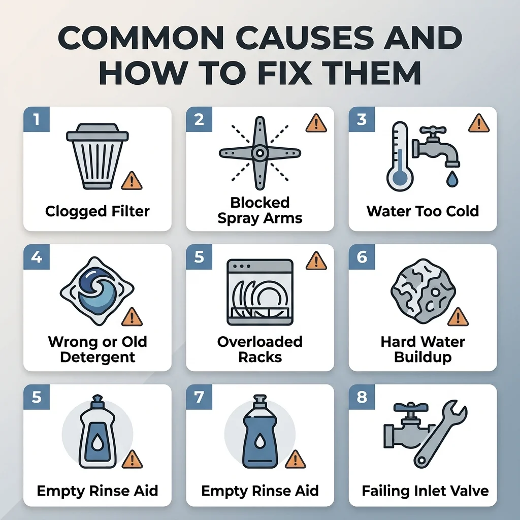 Infographic titled "Common Causes and How to Fix Them" showing eight causes with icons — clogged filter, blocked spray arms, low water temperature, wrong detergent, overloaded racks, hard water buildup, empty rinse aid, and a failing inlet valve