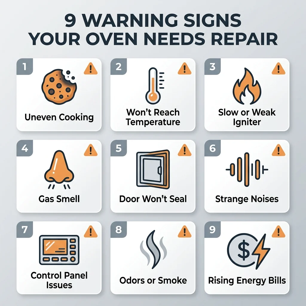 Infographic titled "9 Warning Signs Your Oven Needs Repair" showing icons for uneven cooking, temperature issues, slow igniter, gas smell, door seal problems, strange noises, control panel issues, odors, and rising energy bills