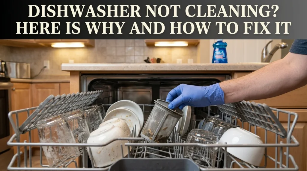 Open dishwasher showing cloudy glasses and dishes with visible residue, a person's hand pulling out the filter for cleaning, text overlay reads "Dishwasher Not Cleaning? Here Is Why and How to Fix It"