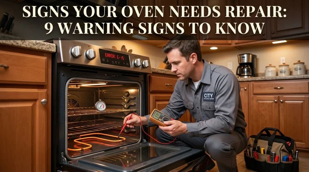 Professional technician inspecting an open oven's heating element and control panel in a modern kitchen, checking for warning signs of needed repair, text overlay reads "Signs Your Oven Needs Repair: 9 Warning Signs to Know"