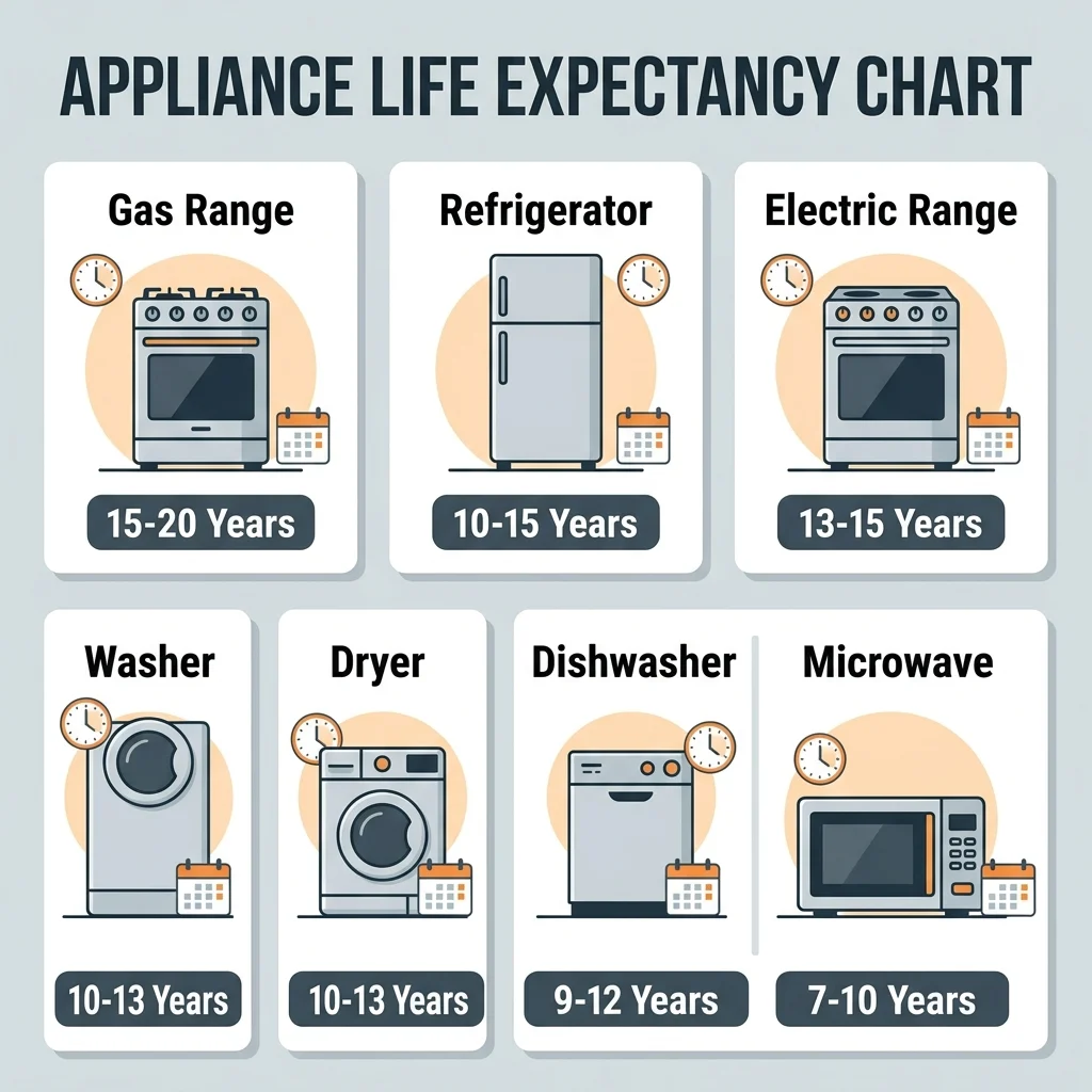 Infographic titled "Appliance Life Expectancy Chart" showing seven appliances with lifespan ranges — gas range 15-20 years, refrigerator 10-15 years, electric range 13-15 years, washer 10-13 years, dryer 10-13 years, dishwasher 9-12 years, and microwave 7-10 years
