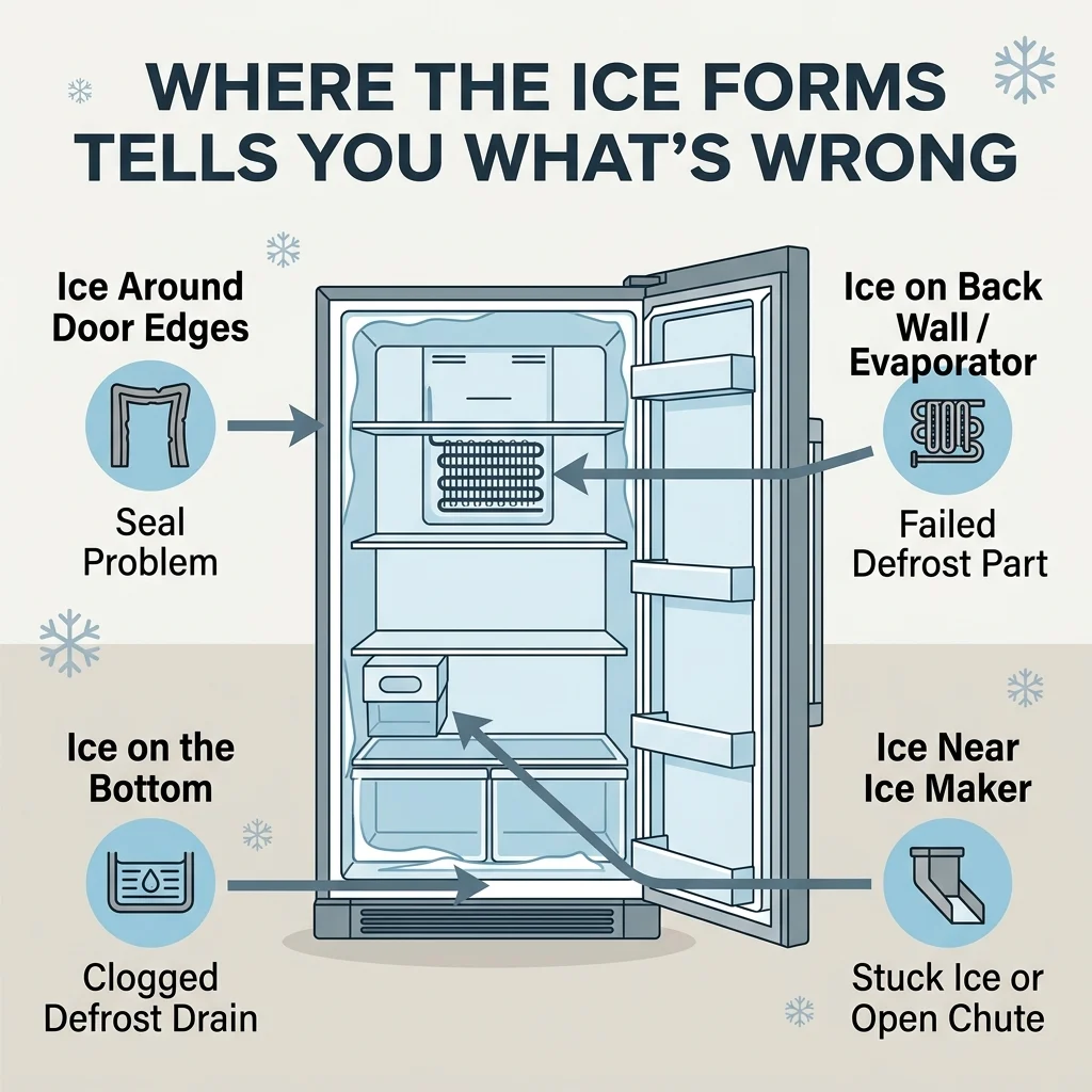 Infographic titled "Where the Ice Forms Tells You What's Wrong" showing a labeled freezer diagram with ice locations linked to likely causes — door edges, back wall, bottom, and near the ice maker