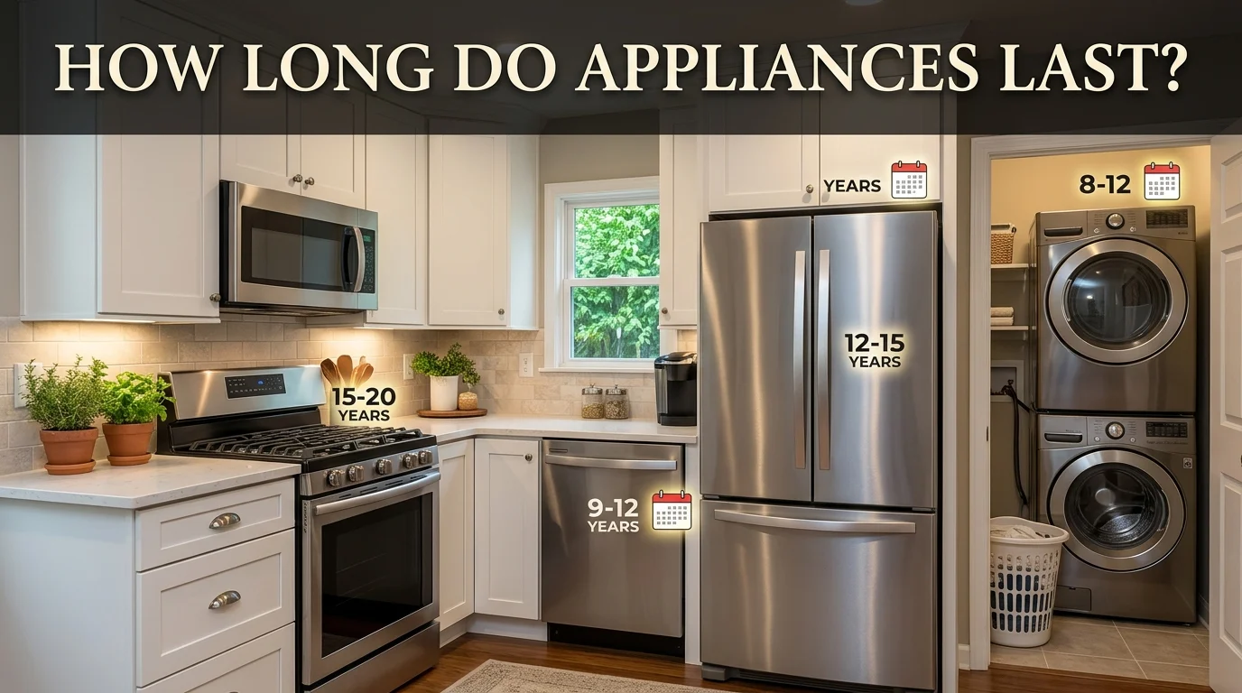 Kitchen and utility room with refrigerator, gas range, dishwasher, and washer-dryer displayed together with small calendar icons indicating appliance lifespan, text overlay reads "How Long Do Appliances Last?