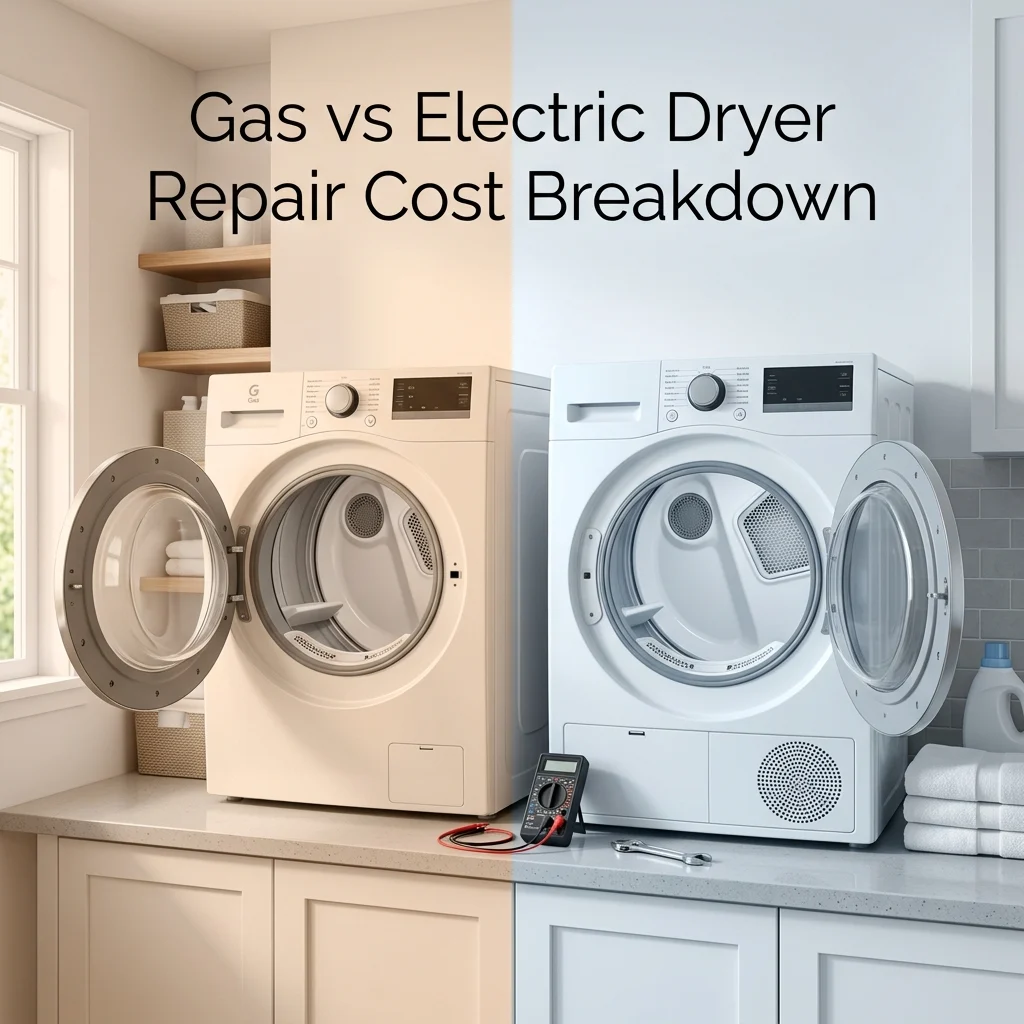 Side-by-side photo of a gas dryer and an electric dryer in a laundry room, illustrating repair cost comparison