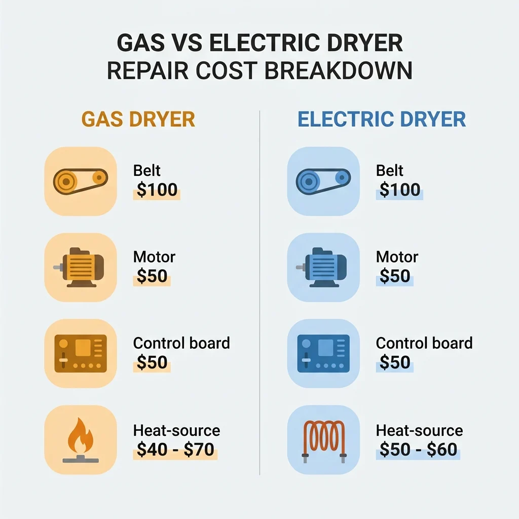 Infographic comparing gas and electric dryer repair costs by part, including belt, motor, control board, and heat source